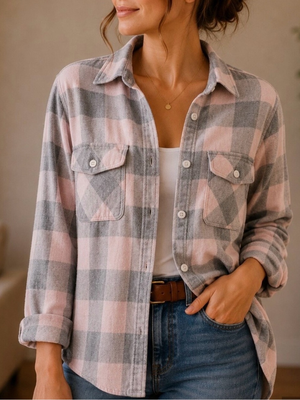 Roots Pink and Gray Plaid Flannel Shirt Jacket SM